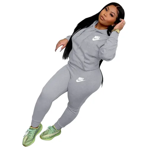 Fashion Grey Two Piece Women Set Embroidery Letter Hoodie Two Piece Pants Set
