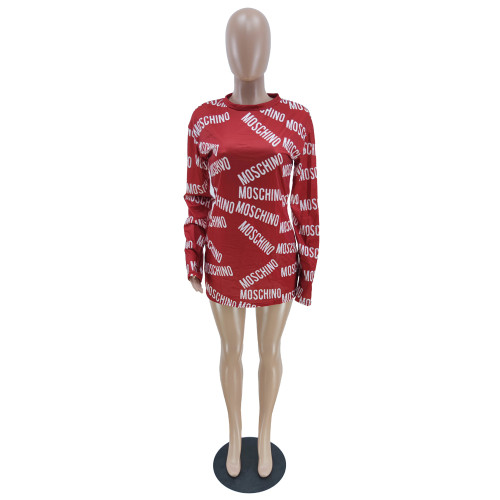 Red Long Sleeve Soft Print T-shirt Dress