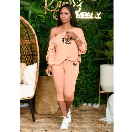 Women 2 Pieces Sets Sloping Shoulder Batwing Sleeve Letter Print Crop Top And Drawstring Pants Set