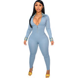 Light Blue Plaid Patchwork Zipper Up Long Sleeve Turn-down Neck Skinny Jumpsuit