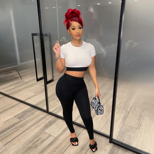 Fashion Color Matching Short Sleeve Crop Top Two Piece Pant Set
