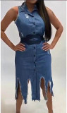 Solid Color Irregular Denim Dress