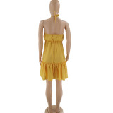 Golden Solid Sleeveless V Neck Fungus Sexy Halter Pleated Skirt Dress