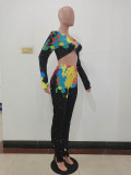 Women Colorful Ink-splash Print Crop Top Two Piece Outfits