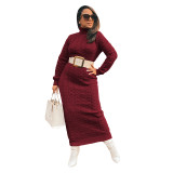 Solid Color Sweater Women High Neck Knit Long Dress without Belt