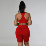 Red Solid Color Sports Long Sleeves Shawl Vest & Shorts 3 Piece Set