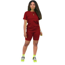 Solid Color Short Sleeve Two Piece Shorts Set
