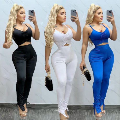 Solid Color Straps Crop Top and Trousers with Side Slit
