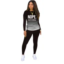 Black Casual Letter Printed Gradient Two Piece Women Pant Set