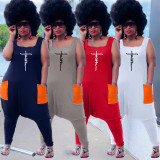 Fashion Letter Printed Wide Leg Casual Plus Size Tank Jumpsuit with Pocket
