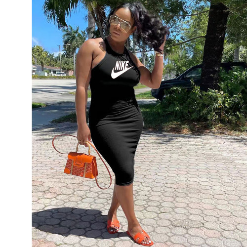 Black Printed Casual Sleeveless Pit Midi Dress