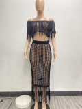 Sexy Perspective Knitted Hook Tassel Off Shoulder Beach Suit