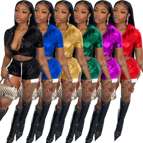 Summer Solid Color Slit PU Leather Short Set Two Pieces