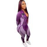 2Pcs Women Outfits Splicing Color Zip-Up Tops + High-Waist Slim Pants