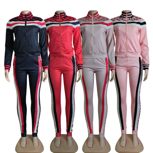 Casual Sports Print Zipper High Neck Two Piece Pant Set