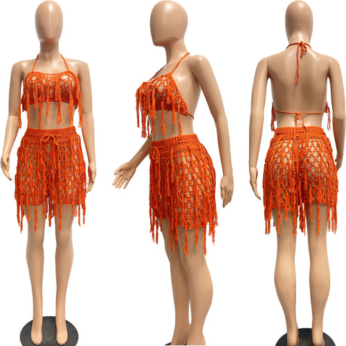 Sexy See Through Knit Hook Tassel Beach Shorts Set