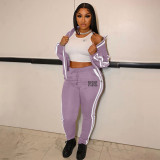 Casual Stripe Zip Up Printed Sweatshirt & Drawstring Pants Set Without Tank Top