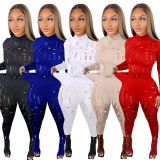 Red Sexy Solid Ripped See-through Turtleneck Long Sleeve Two Pieces Tracksuit Set