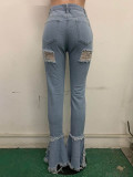 Classic Holes Fringed Ruffled Denim Trousers