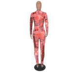 Concealed Zipper Print Newspaper Jumpsuit