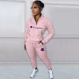 Autumn Winter Zipper High Neck Printed Sweatshirt Casual 2 Piece Pant Set