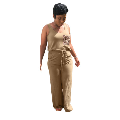 Casual Leopard Print Stitching Vest and Wide-leg Pants