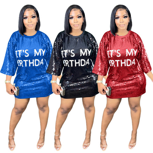Spring Round Neck Loose Sequin Letter Mini Dress