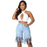 Spring Casual Solid Color Tassel Frayed Midi Jeans