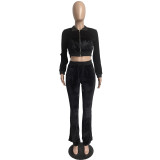 Autumn Winter Black Velvet Sports Sweatshirt Crop Top and Trousers