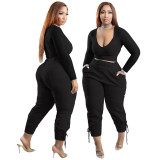 Black Casual Solid Bandage Patchwork V Neck Plus Size Two Pieces Pant Set