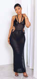 Summer Beachwear Hook Strap Halter Mesh Slit Sunscreen Long Beach Dresses