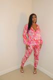 Casual Printed Turndown Neck Long Sleeve Shirt Trousers Homewear Casual Set
