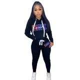 Autumn/Winter Velvet Drawstring Pullover Hooded Sweatshirt Two Piece Pant Set