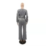 Casual Thread Printed Long Sleeve Tops Wide Leg Pants Two Piece Set