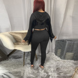 Solid Color Zipper Hooded Track Pants Set with Fringed
