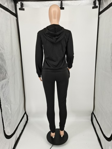 Solid Color Twill Zipper Tracksuit Hoodie Pant Set For Women