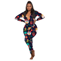 Casual Christmas Printed Long Sleeve Trousers Homewear Jumpsuit