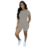 Solid Color Short Sleeve Women Clothing 2 Piece Set