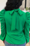 Women Bow Back Stand Neck Puff Long Sleeve Blouses Tops