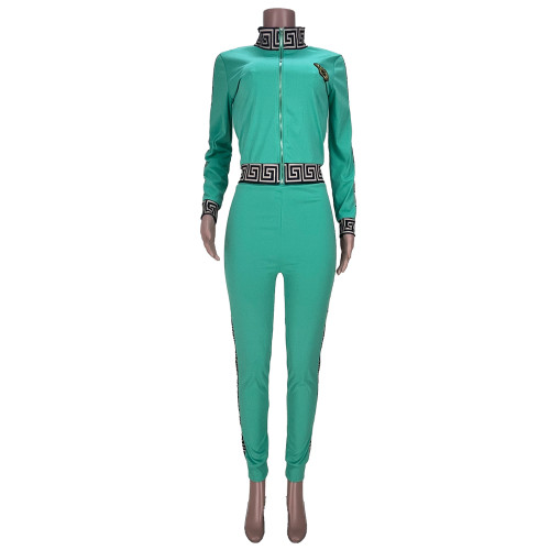 Casual Light Blue Women's Zip Print Blouse and Trousers