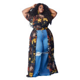 Summer Plus Size Women Print Puffed Short Sleeve Sexy Mesh Long Dress