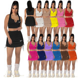 High Elastic Cotton Pit V Neck Low-cut Drawstring Embroidery Skirt Set