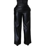 Women's Faux Leather Wide Leg Pants Vintage High Waist PU Leather Palazzo Pants