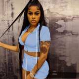 Light Blue Solid Zip Up Cardigan Cropped Hooded Two Piece Short Set