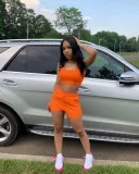 Solid Color Orange Ladies Vest Shorts Two Piece Set with Pockets