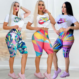 Casual Contrast Color Printed High Waist Sports Shorts Sets