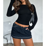 Solid Color Shirred Elastic Buckle Athleisure Pocket Cargo Skirts
