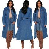 Loose Denim Trench Coat - Dark Wash with belt