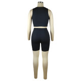 Black Solid Color Thread Pit Stitching Irregular Sports Shorts Set
