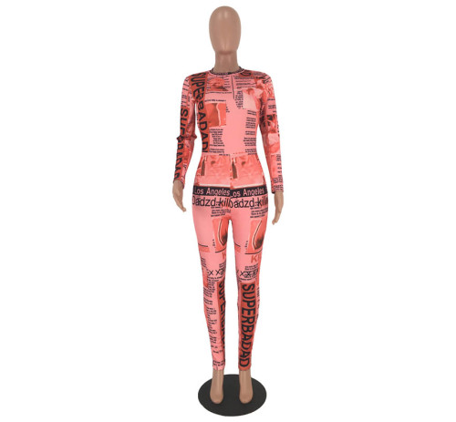 Concealed Zipper Print Newspaper Jumpsuit